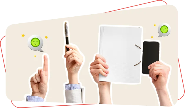 Vier Hände halten einen Stift, einen Ordner und ein Smartphone hoch während sie von lächelnden Emojis umgeben sind