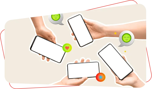 Vier Hände halten jeweils ein leeres Smartphone, umgeben von schwebenden Emojis